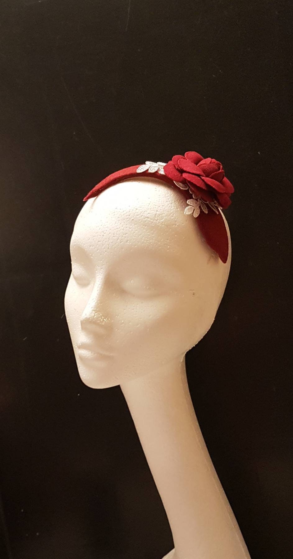 MAROON FASCINATOR HEADBAND. Modern Felt fascinator with Maroon  Rose. Cocktail,Ladies day,Wedding Maroon rose flower Hairpiece.