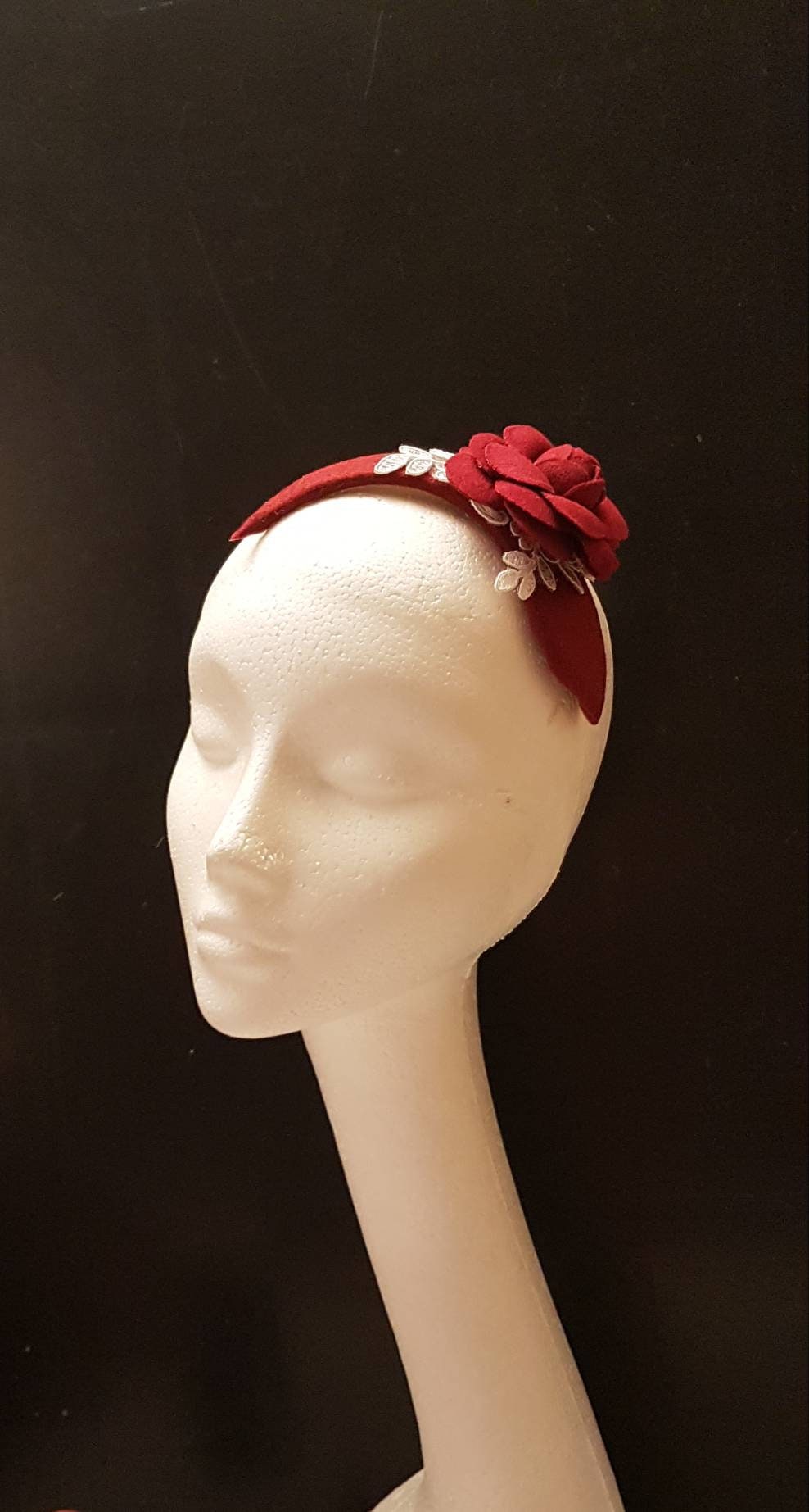 MAROON FASCINATOR HEADBAND. Modern Felt fascinator with Maroon Rose. Cocktail,Ladies day,Wedding Maroon rose flower Hairpiece.