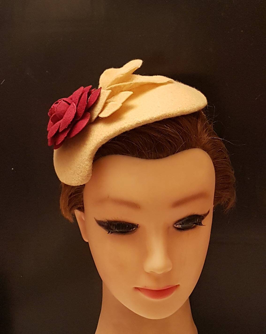 Fascinator Tan/Nude/Camel Felt fascinator # FELT HAT fascinator Maroon flower Hat fascinator,Wedding,Ascot,Cocktail,Church hat fascinator