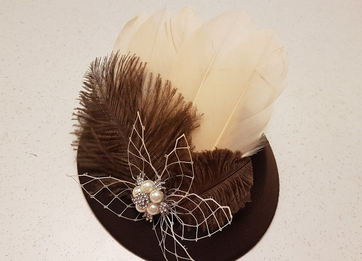 Brown Pillbox Fascinator Hat, Nude Pink Feather Ascot Headpiece