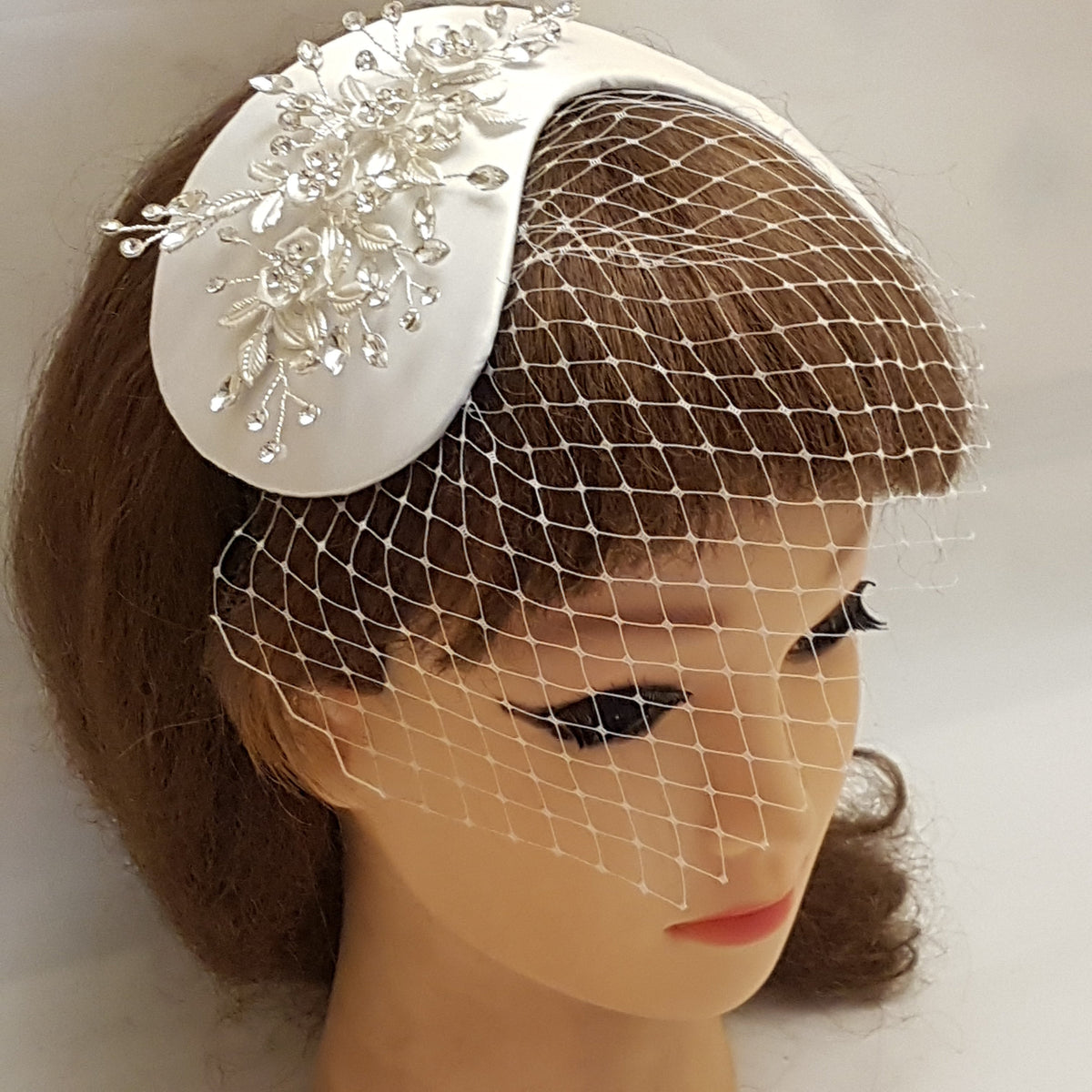 Bridal Fascinator with Birdcage Veil, Silver Crystal Headdress
