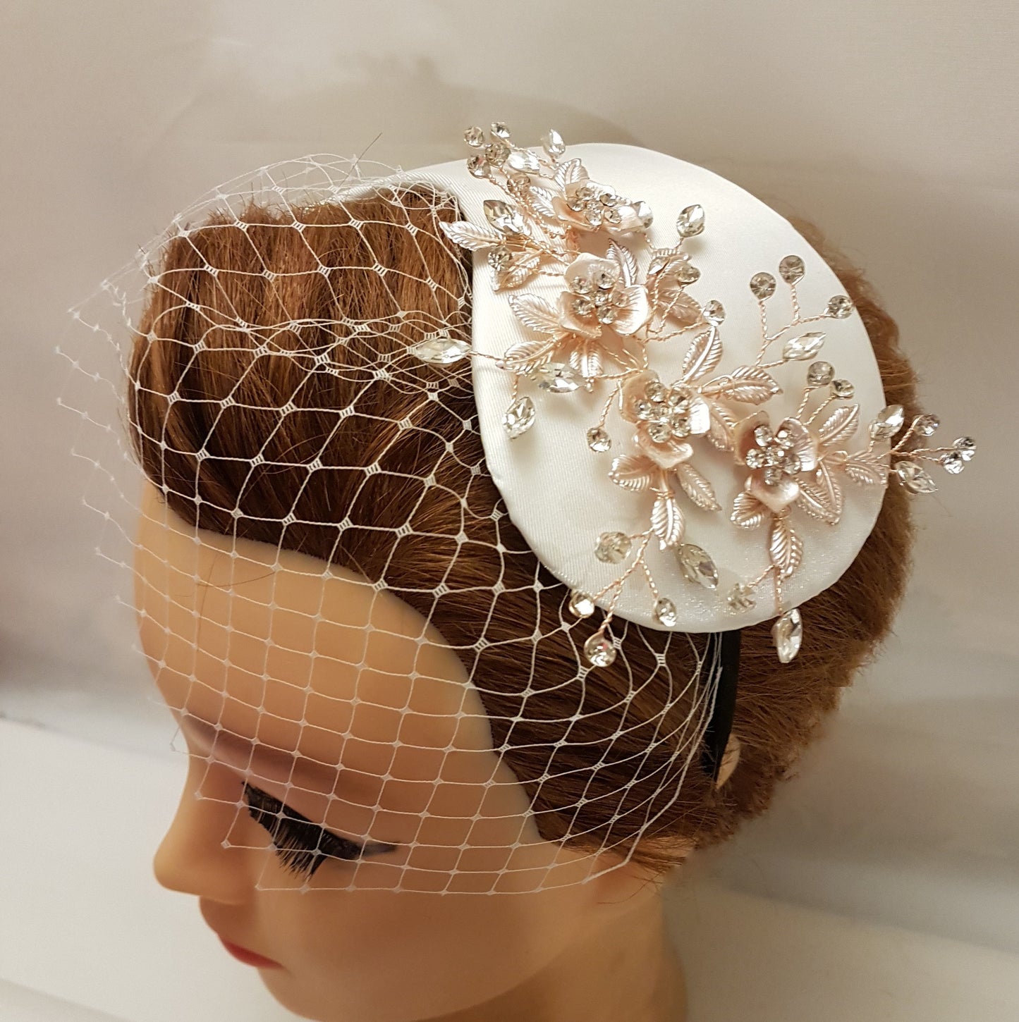 BRIDAL FASCINATOR hat Champagne wedding #fascinator bridal hair accessory 2Pc set Mini Bridal birdcage veil &  hat  Bridal Hat fascinator