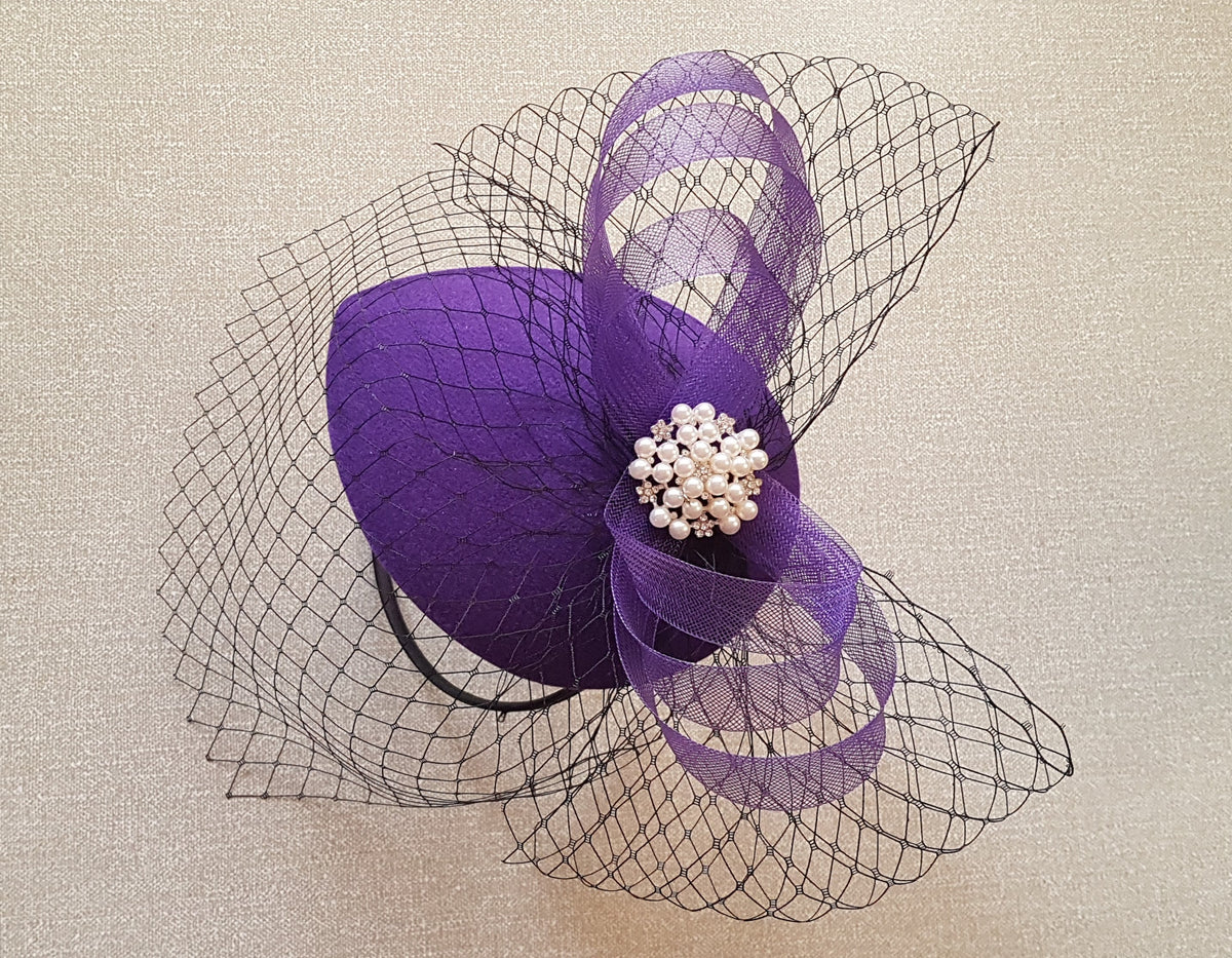 Purple Teardrop Fascinator: Handmade Small Felt Hat with Black Birdcage Veil.