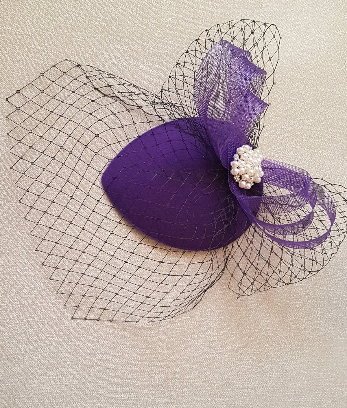 Purple Teardrop Fascinator: Handmade Small Felt Hat with Black Birdcage Veil.