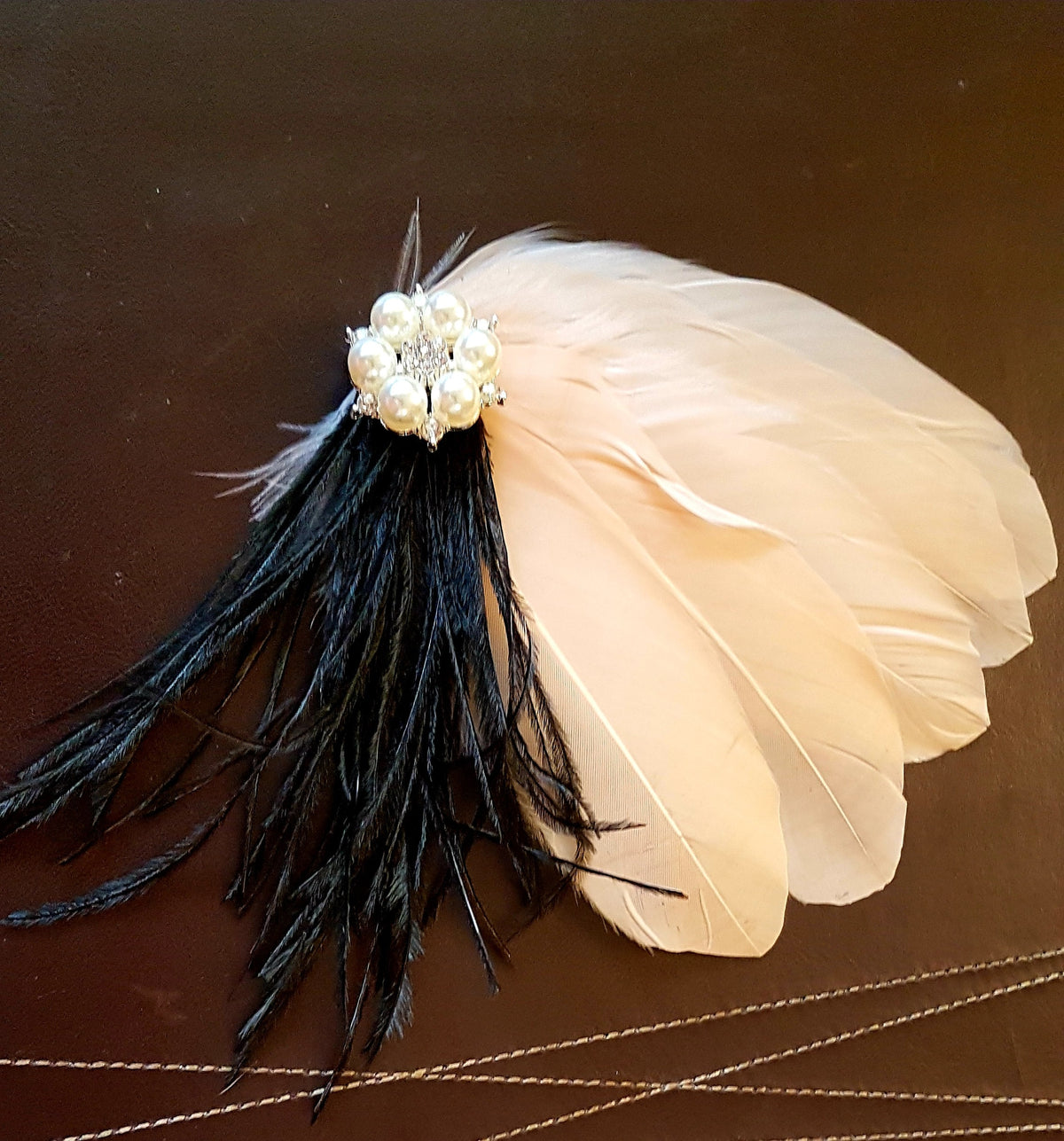 Champagne Feather Fascinator: Bridal Hair Clip with Pearl Crystal
