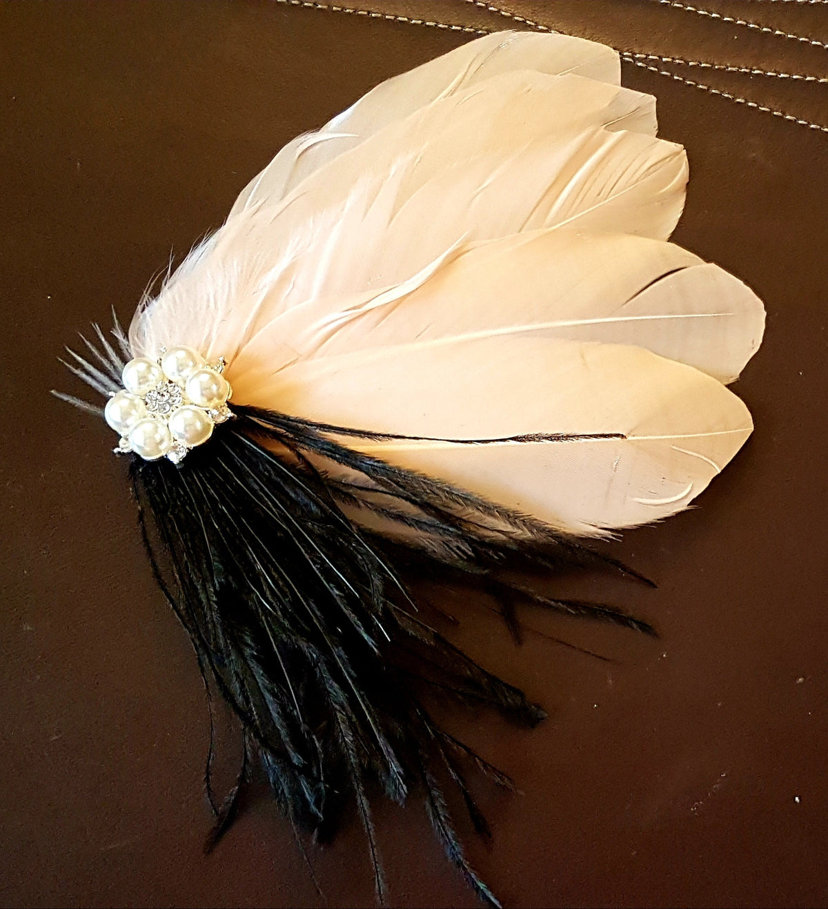 Champagne Feather Fascinator: Bridal Hair Clip with Pearl Crystal