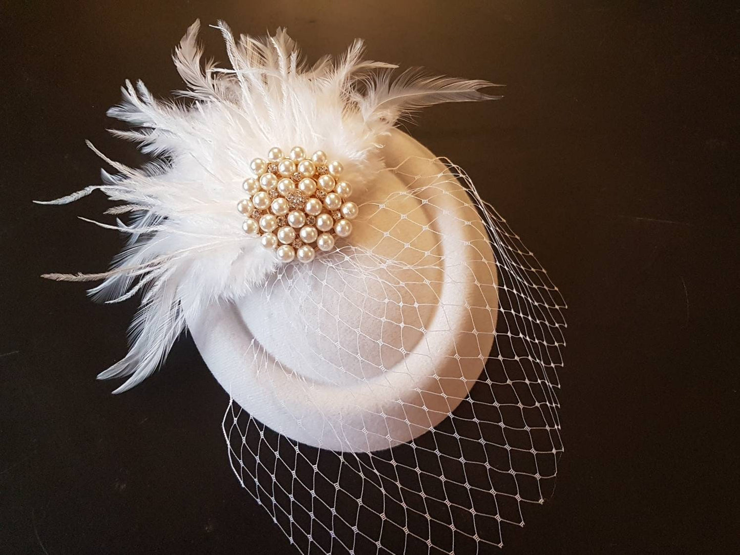 BRIDAL PILLBOX HAT FASCINATOR WITH MINI BIRDCAGE VEIL 