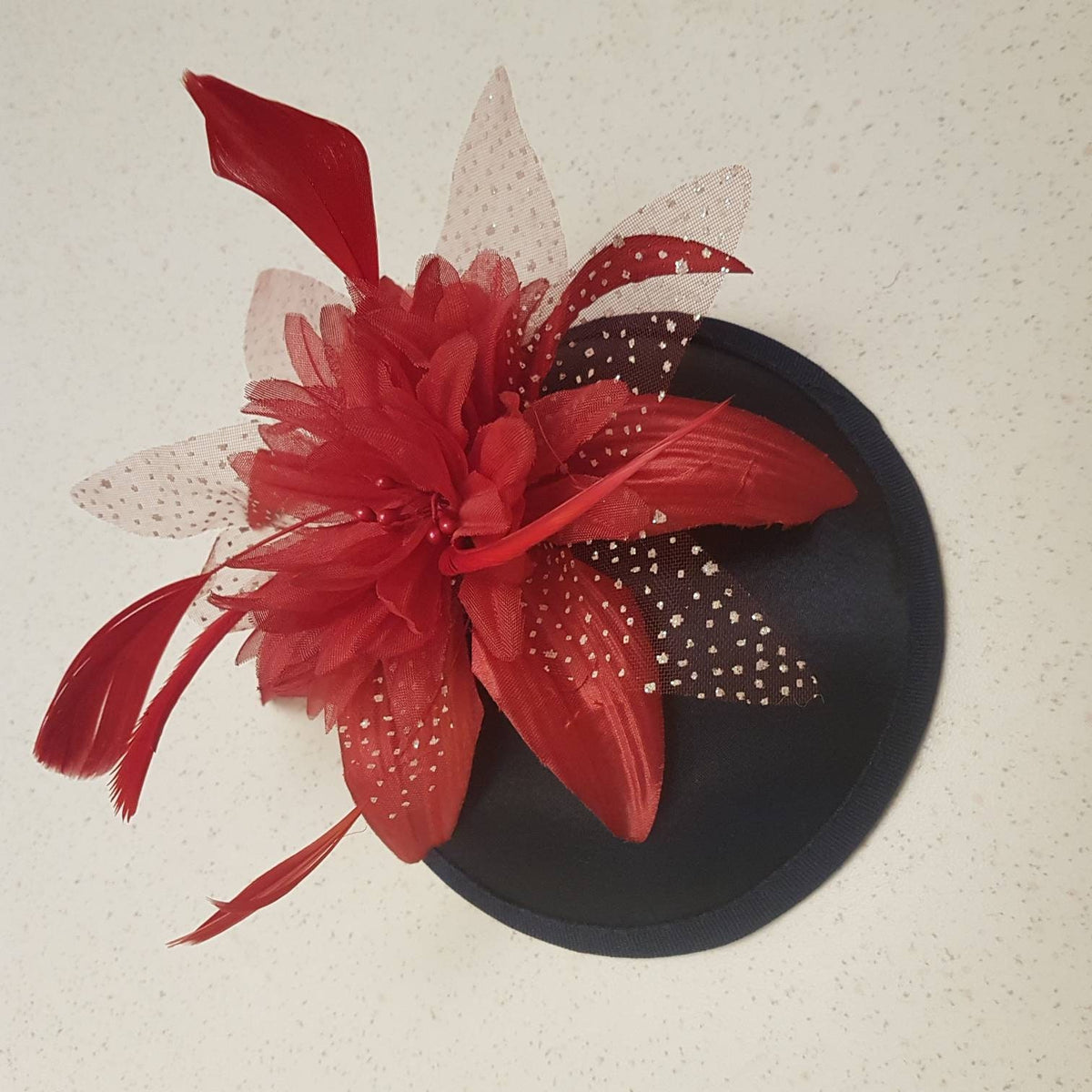 Black Fascinator Hat, Red Flower Feather, Ascot, Wedding, Race
