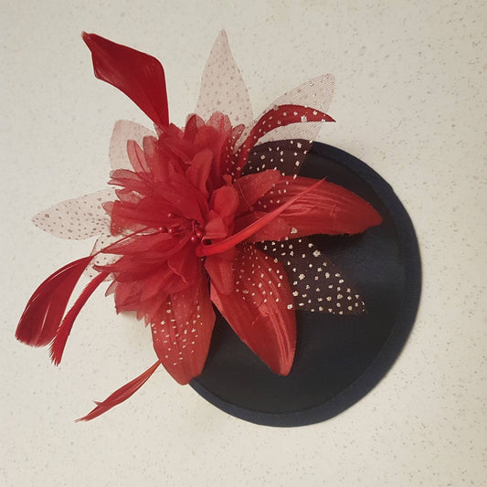 Black Fascinator Hat, Red Flower Feather, Ascot, Wedding, Race