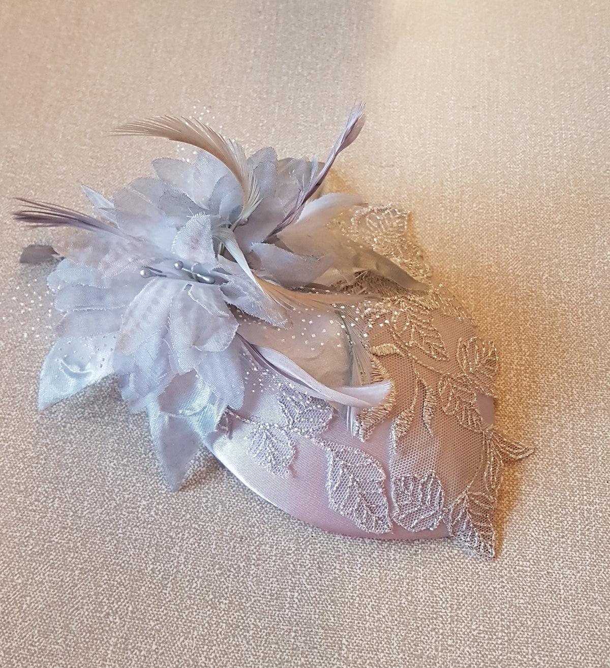 Vintage Silver Grey Teardrop Hat Fascinator: Feather Flower, Lace