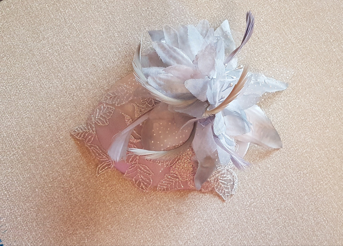 Vintage Silver Grey Teardrop Hat Fascinator: Feather Flower, Lace