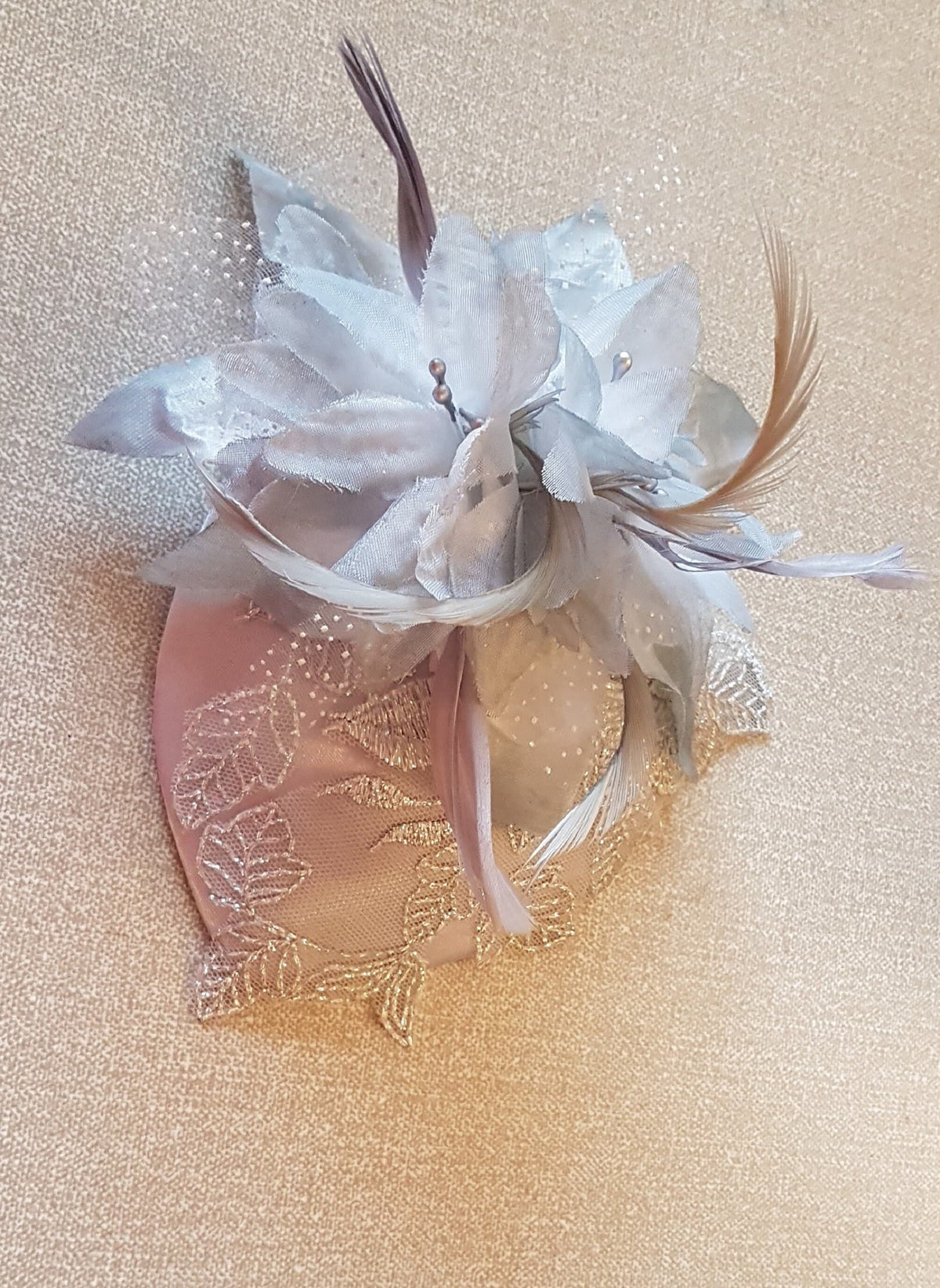 Vintage Silver Grey Teardrop Hat Fascinator: Feather Flower, Lace