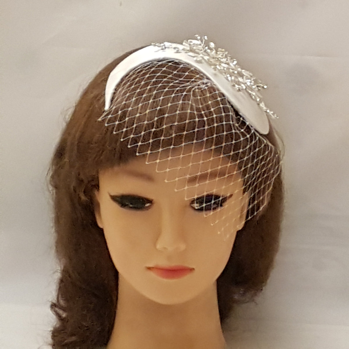 Bridal Fascinator with Birdcage Veil, Silver Crystal Headdress