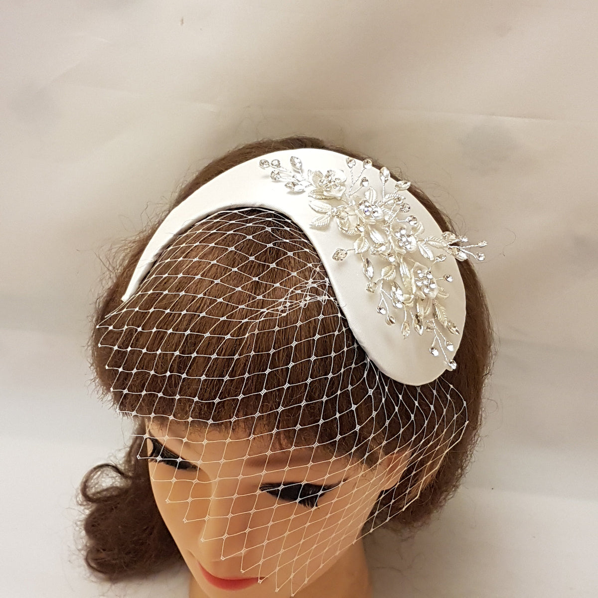 Bridal Fascinator with Birdcage Veil, Silver Crystal Headdress