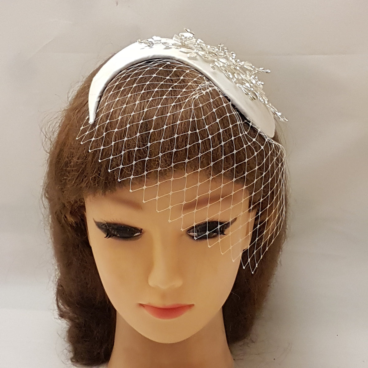 Bridal Fascinator with Birdcage Veil, Silver Crystal Headdress