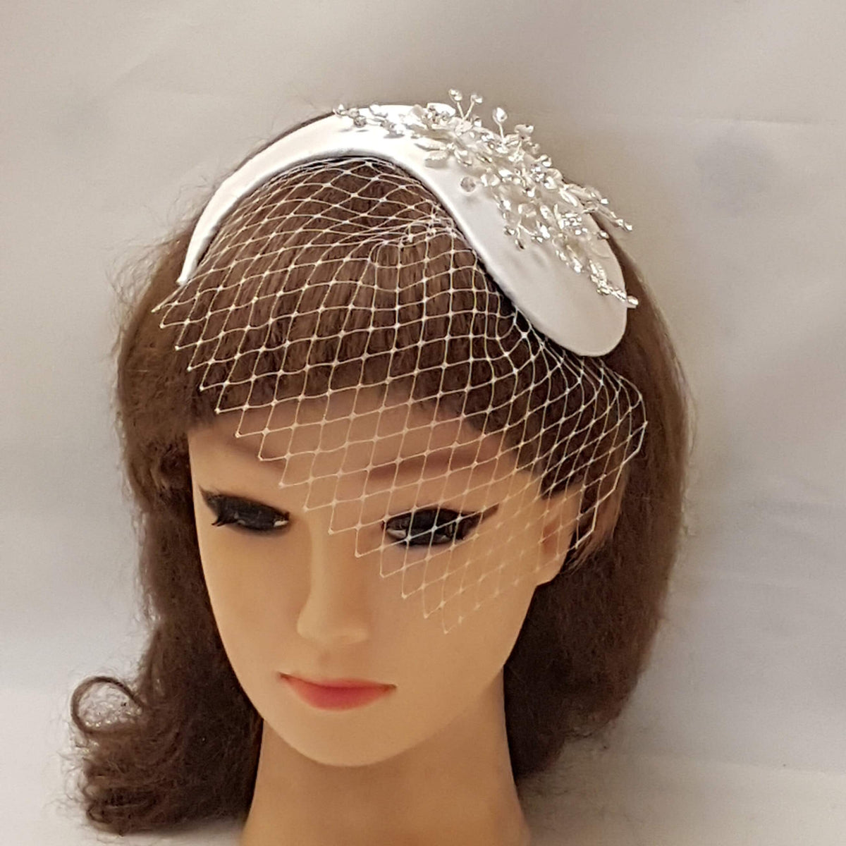 Bridal Fascinator with Birdcage Veil, Silver Crystal Headdress