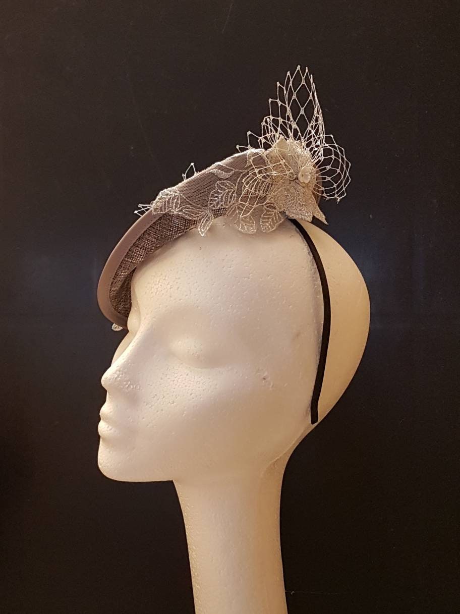 Silver Grey Fascinator Hat, Floral Embroidery, Royal Ascot Derby Headband