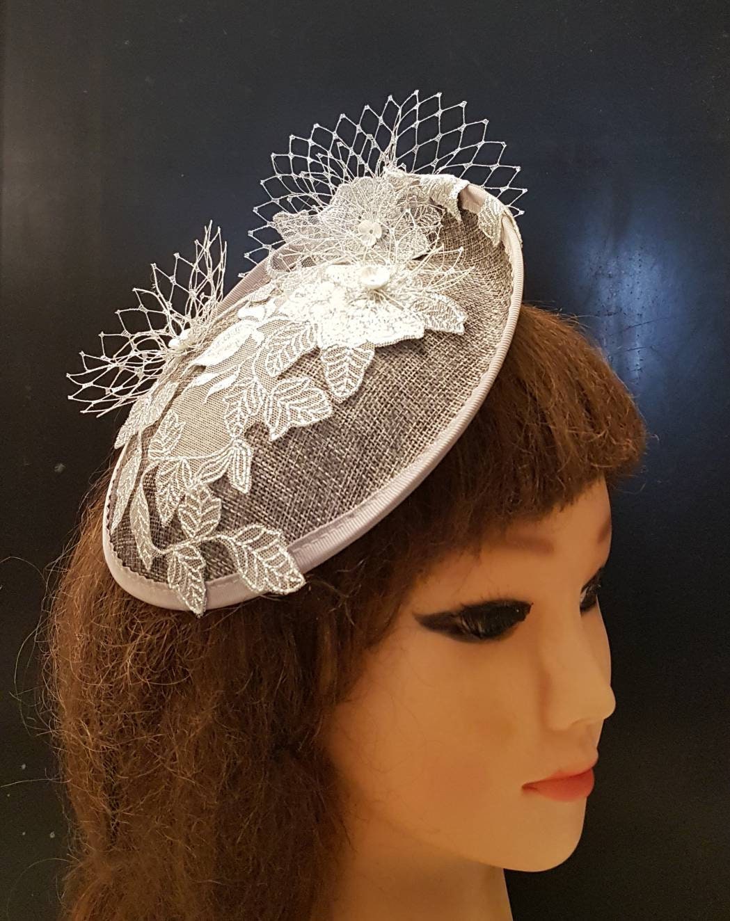 Silver Grey Fascinator Hat, Floral Embroidery, Royal Ascot Derby Headband