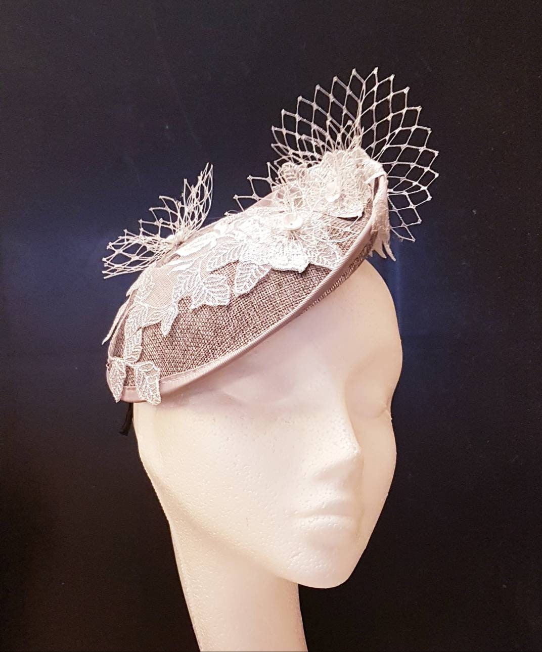 Silver Grey Fascinator Hat, Floral Embroidery, Royal Ascot Derby Headband