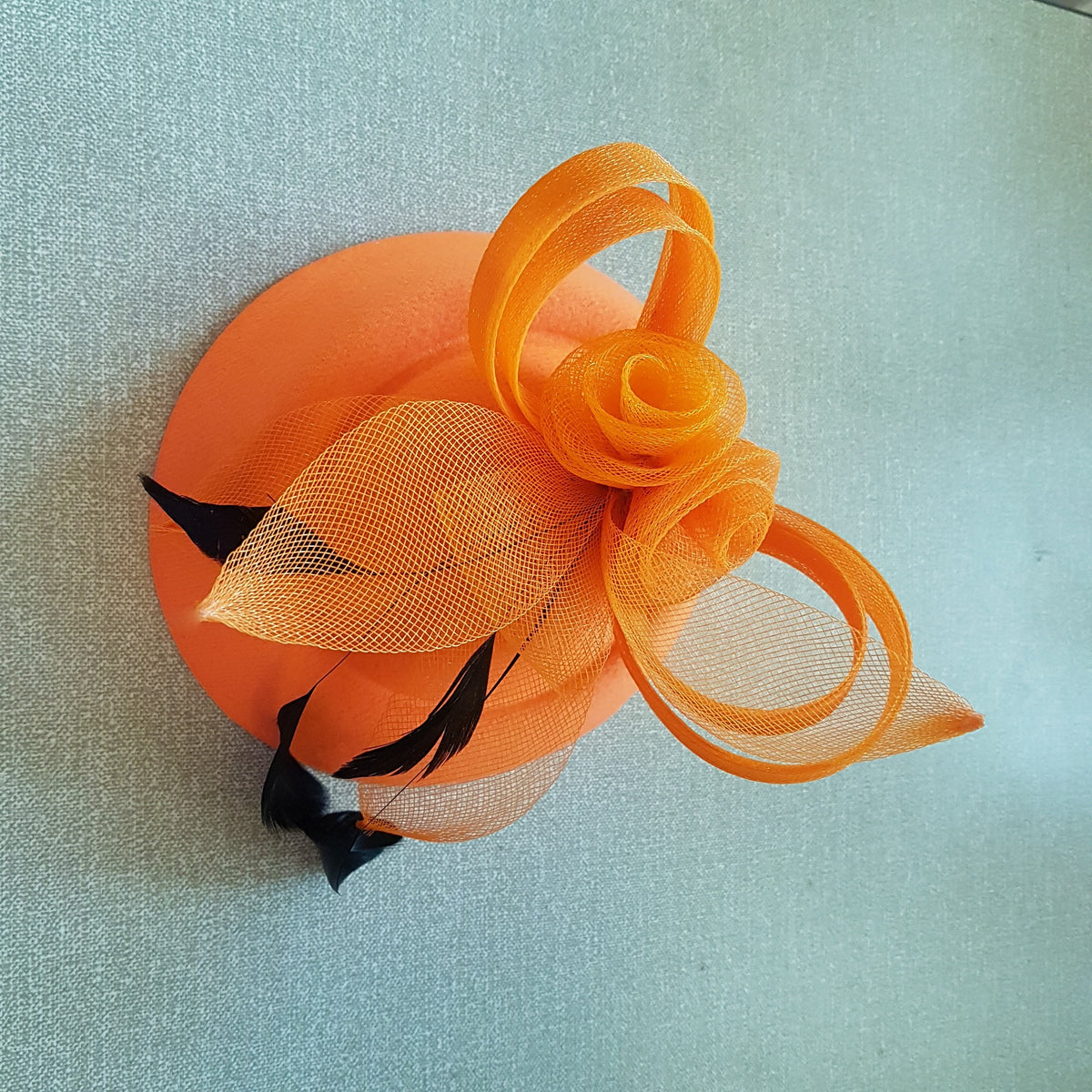 Orange Feather Fascinator Hat: Handmade Race Day Headpiece