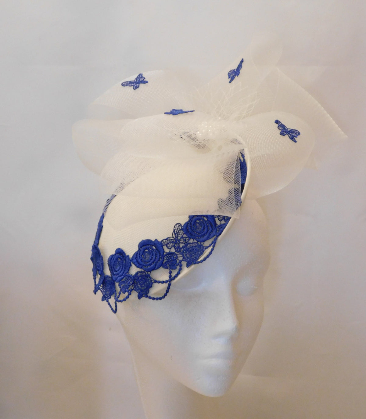 Ivory White Fascinator: Blue Floral Embroidery, Crinoline Bow, Pearl Jewel (Alice Band)
