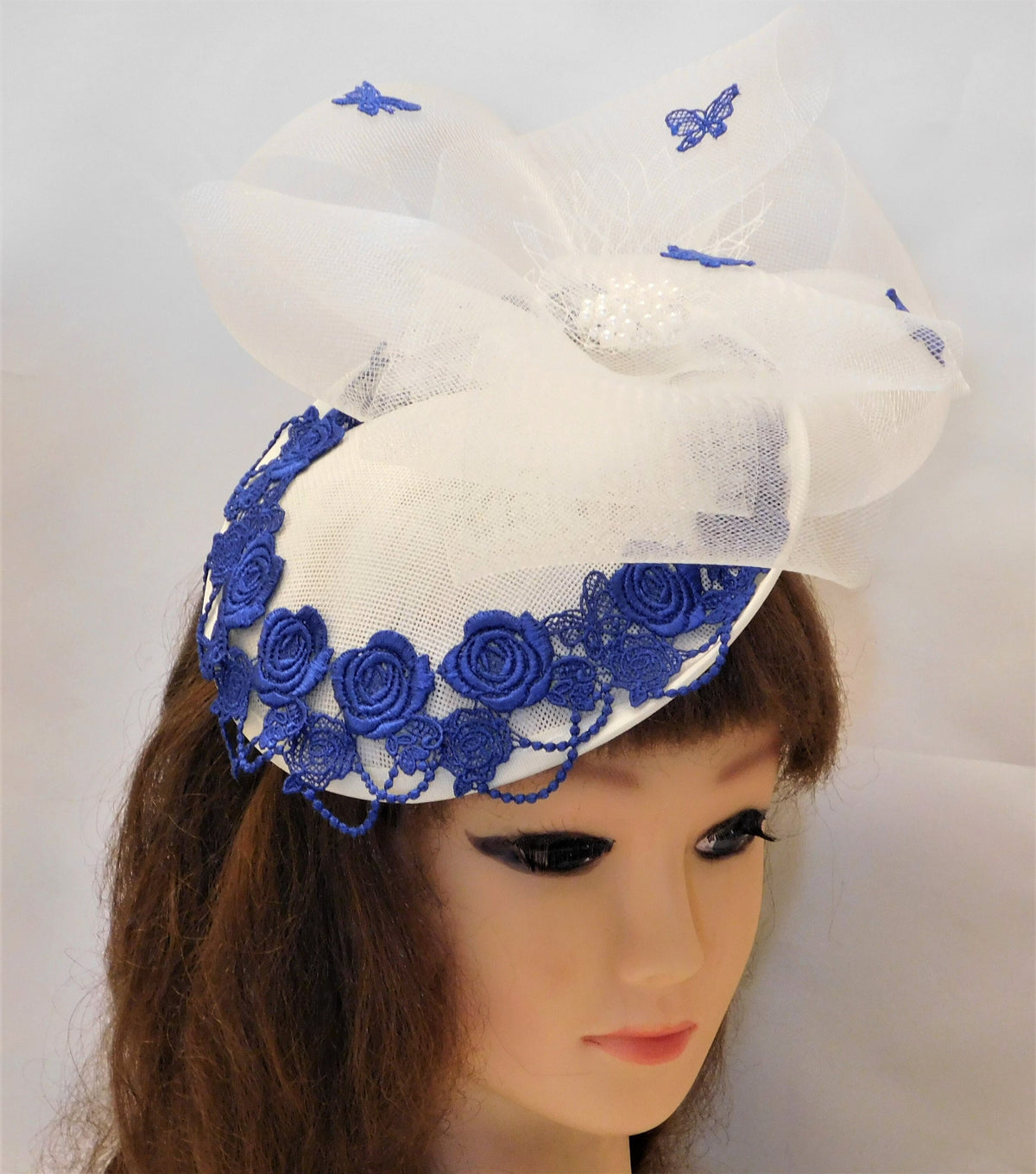 Ivory White Fascinator: Blue Floral Embroidery, Crinoline Bow, Pearl Jewel (Alice Band)