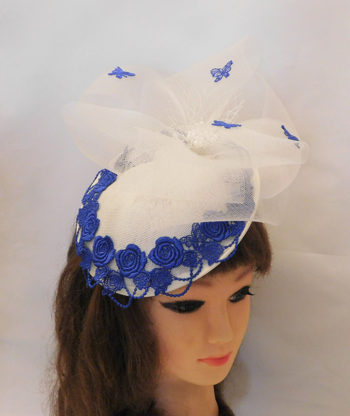 Ivory White Fascinator: Blue Floral Embroidery, Crinoline Bow, Pearl Jewel (Alice Band)