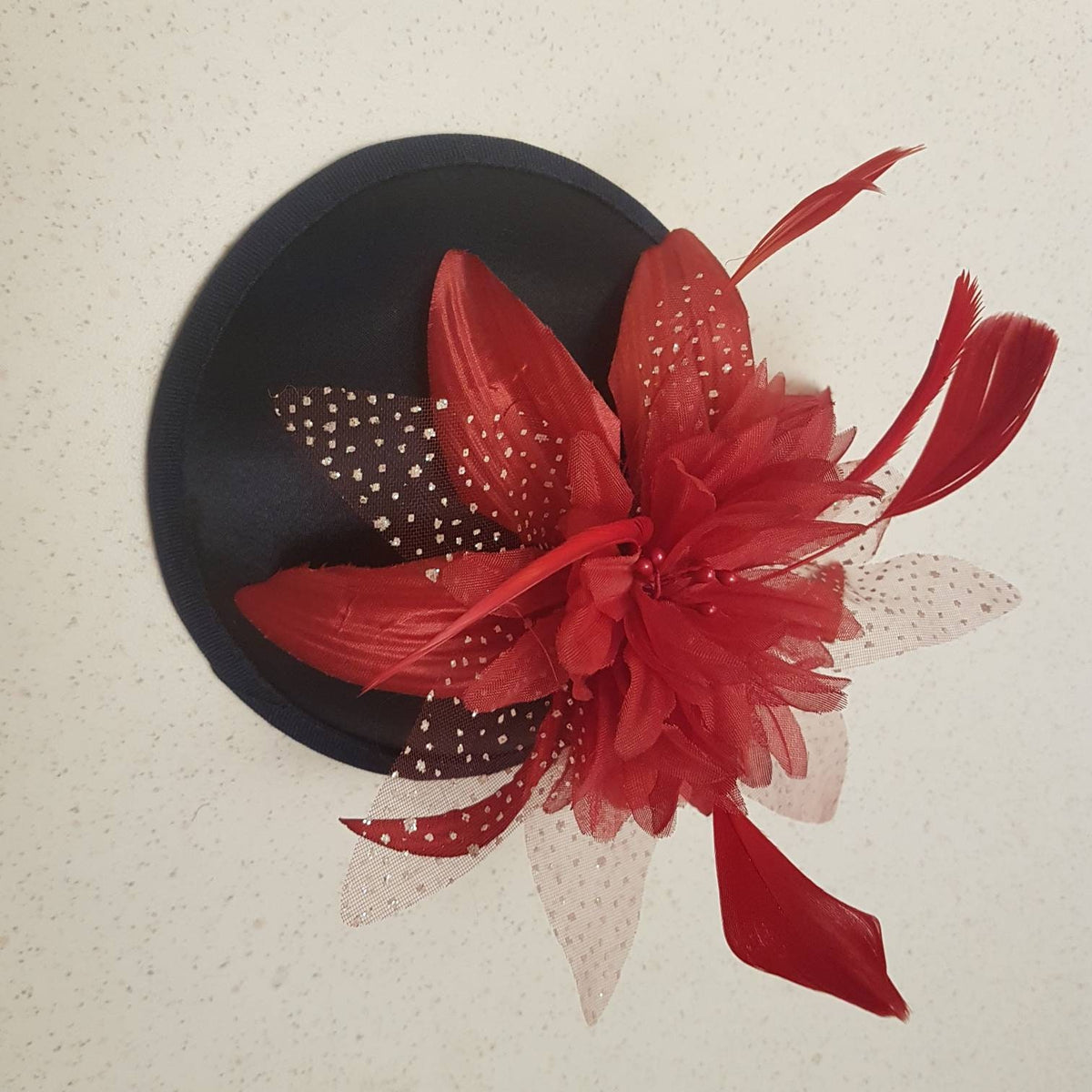 Black Fascinator Hat, Red Flower Feather, Ascot, Wedding, Race