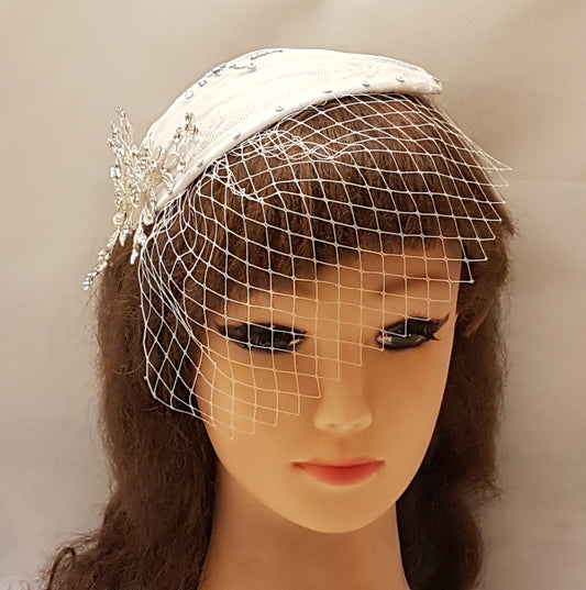 Bridal birdcage veil & hat Vintage inspired Teardrop hat fascinator BRIDAL FASCINATOR White Ivory 2Pc set Hat Fascinator bird cage veil