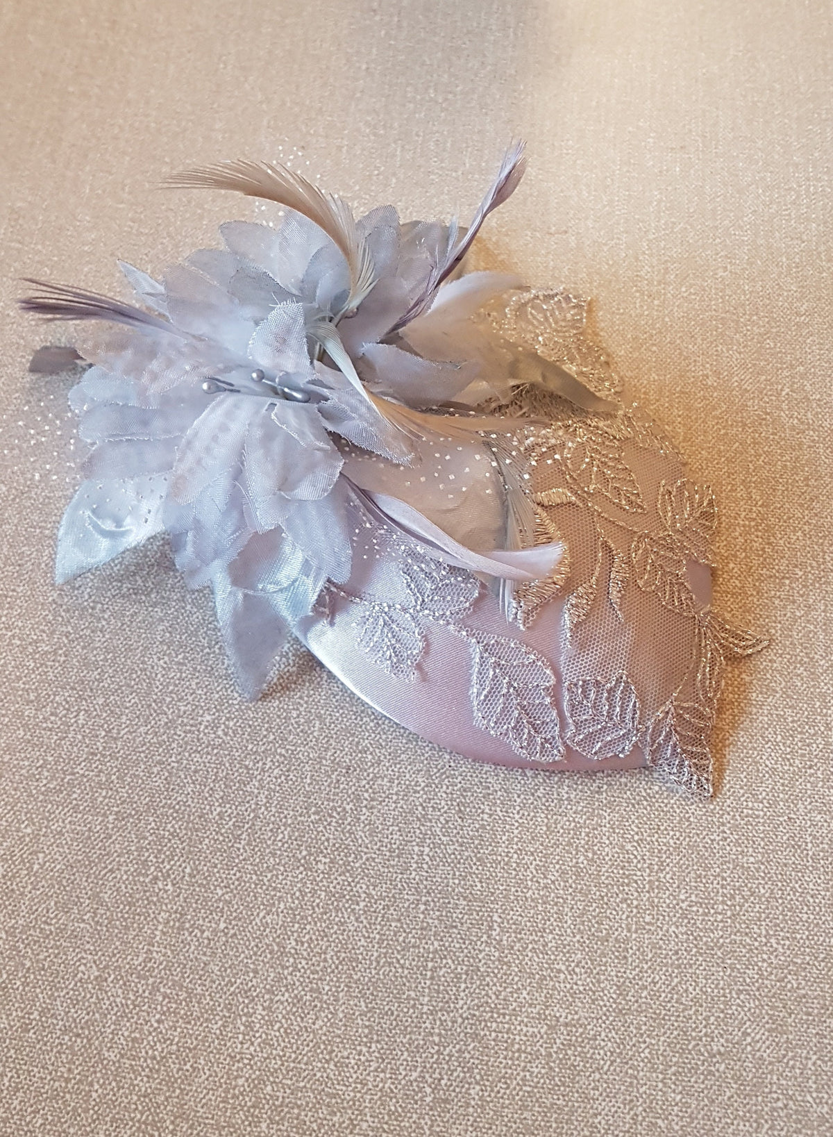 Vintage Silver Grey Teardrop Hat Fascinator: Feather Flower, Lace
