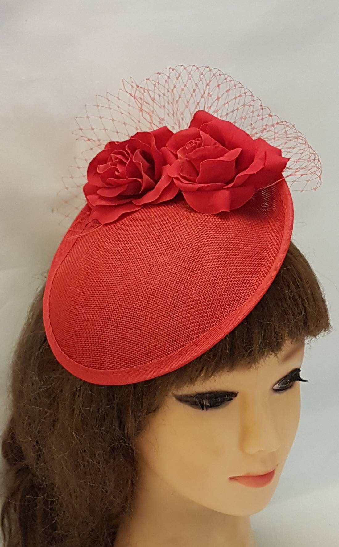 Red Fascinator hat, Wedding, Kentecy derby, Royal Ascot hat with red Roses  and French netting detail
