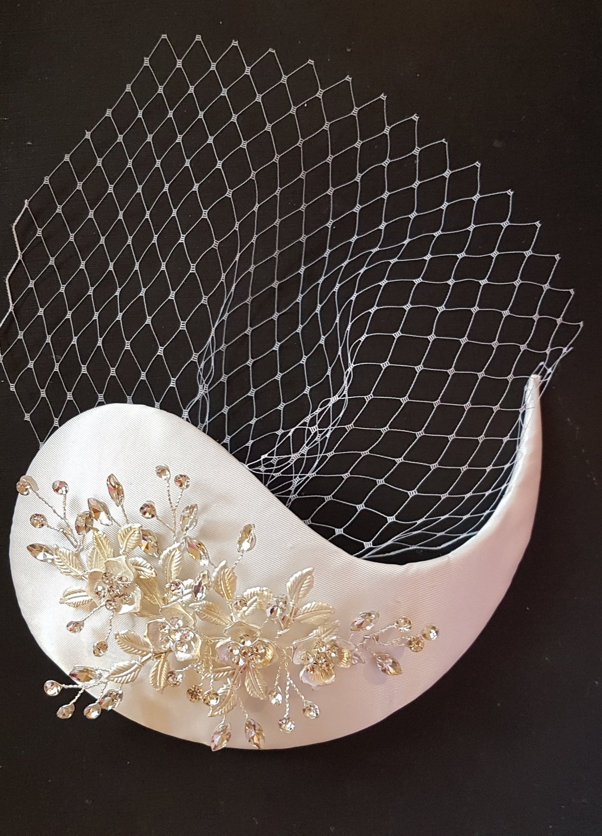 Bridal Fascinator with Birdcage Veil, Silver Crystal Headdress