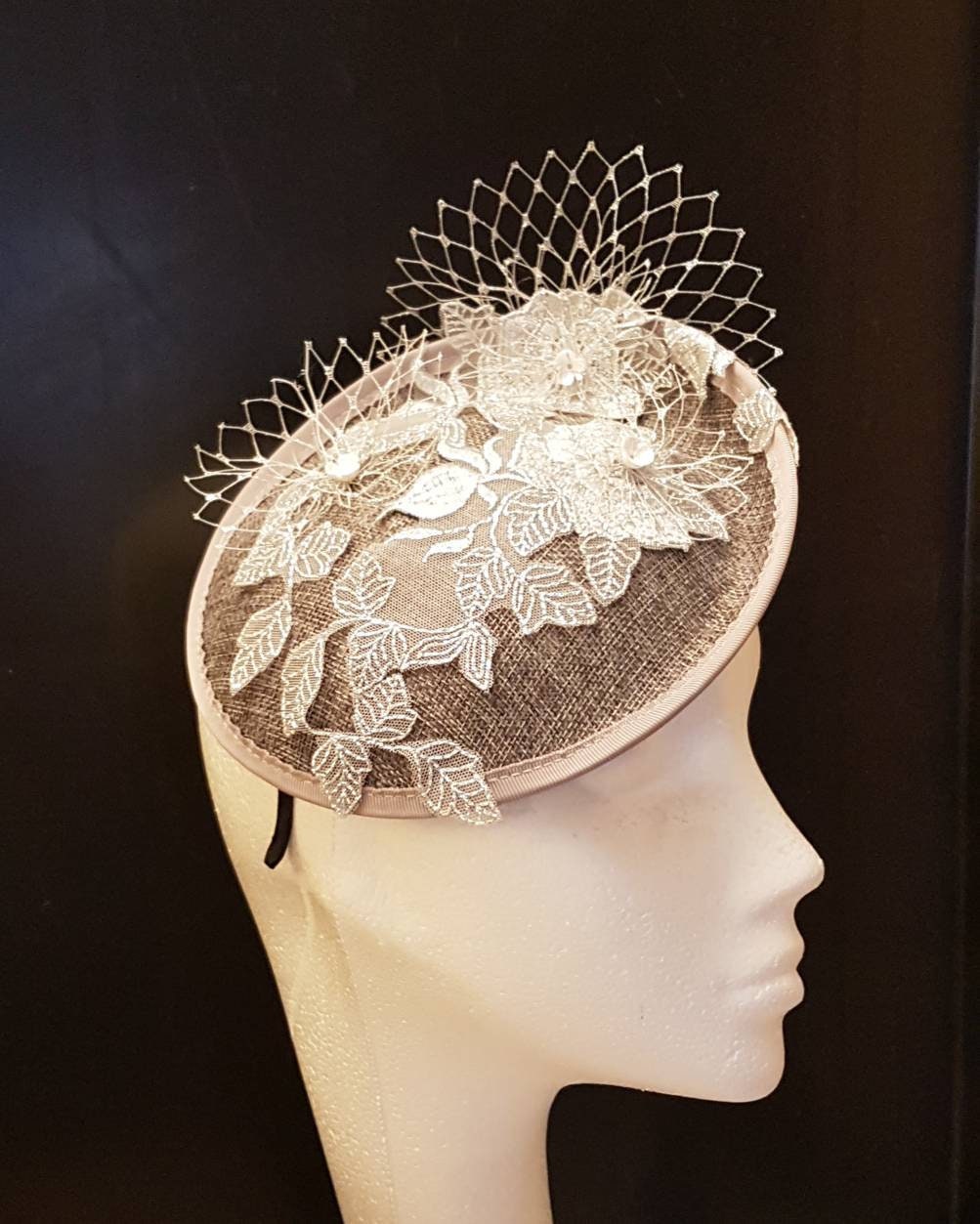 Silver Grey Fascinator Hat, Floral Embroidery, Royal Ascot Derby Headband