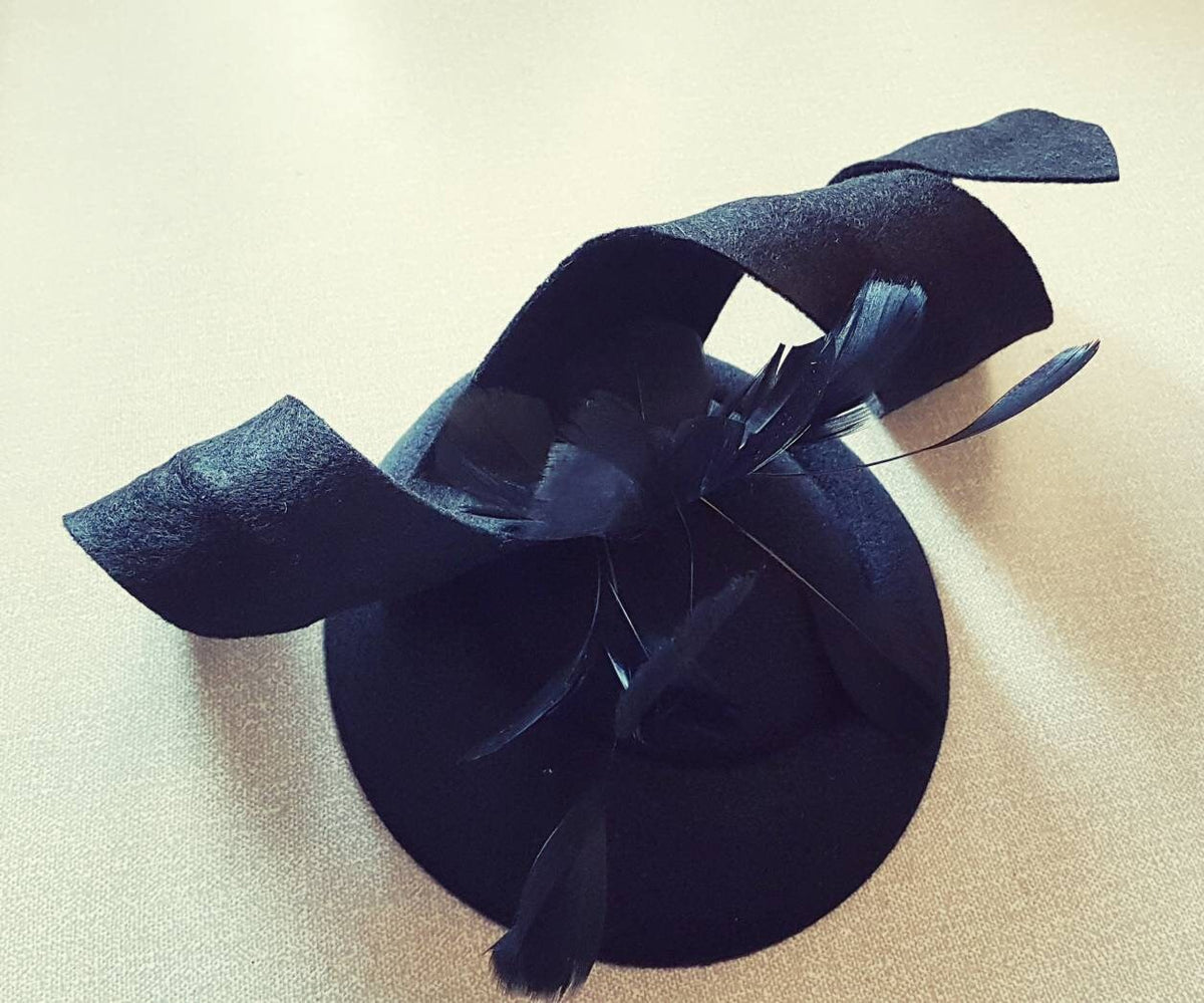Black Felt Fascinator Hat, Feather Swirl, Kentucky Derby, Ascot, Wedding, Cocktail Church Hat