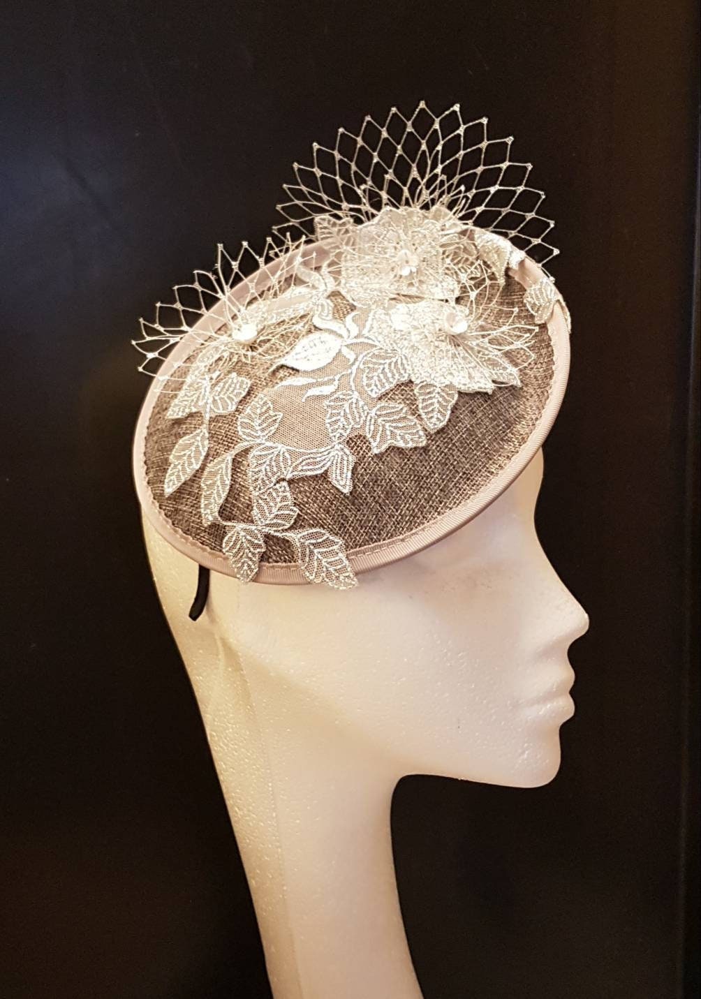 Silver Grey Fascinator Hat, Floral Embroidery, Royal Ascot Derby Headband