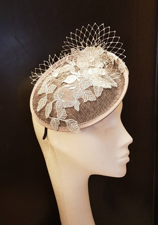 Silver Grey Fascinator Hat, Floral Embroidery, Royal Ascot Derby Headband