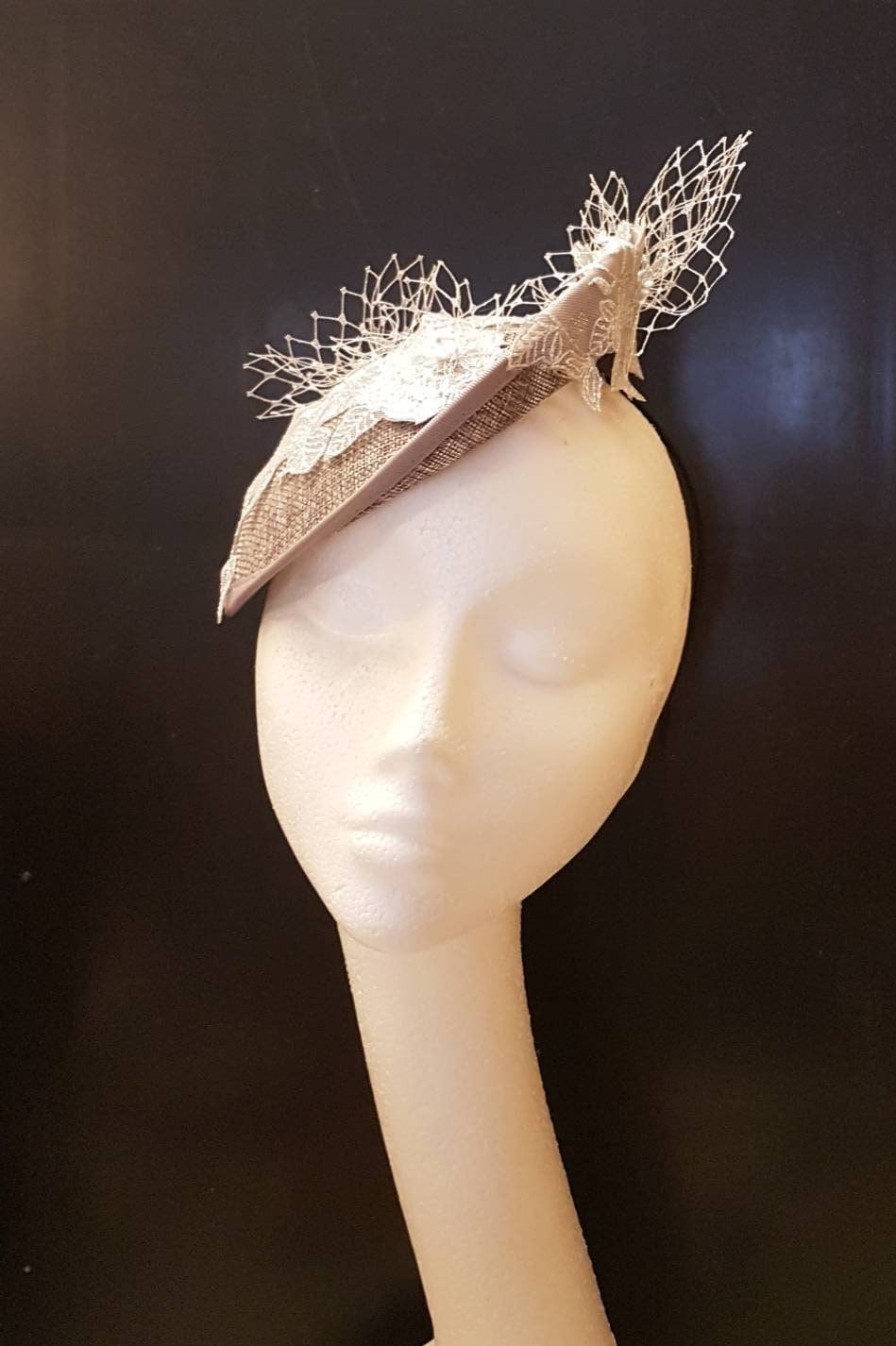 Silver Grey Fascinator Hat, Floral Embroidery, Royal Ascot Derby Headband