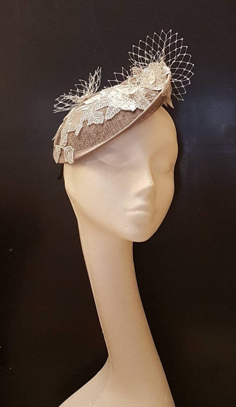 Silver Grey Fascinator Hat, Floral Embroidery, Royal Ascot Derby Headband
