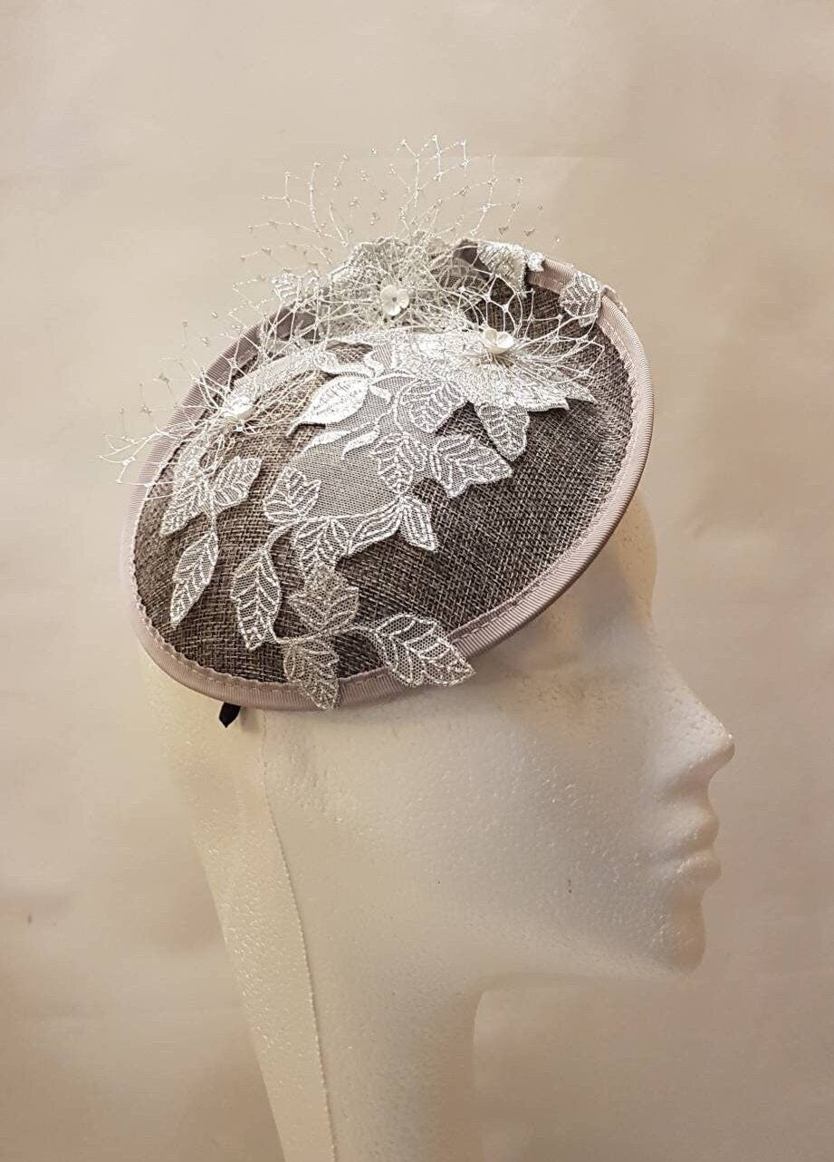 Silver Grey Fascinator Hat, Floral Embroidery, Royal Ascot Derby Headband