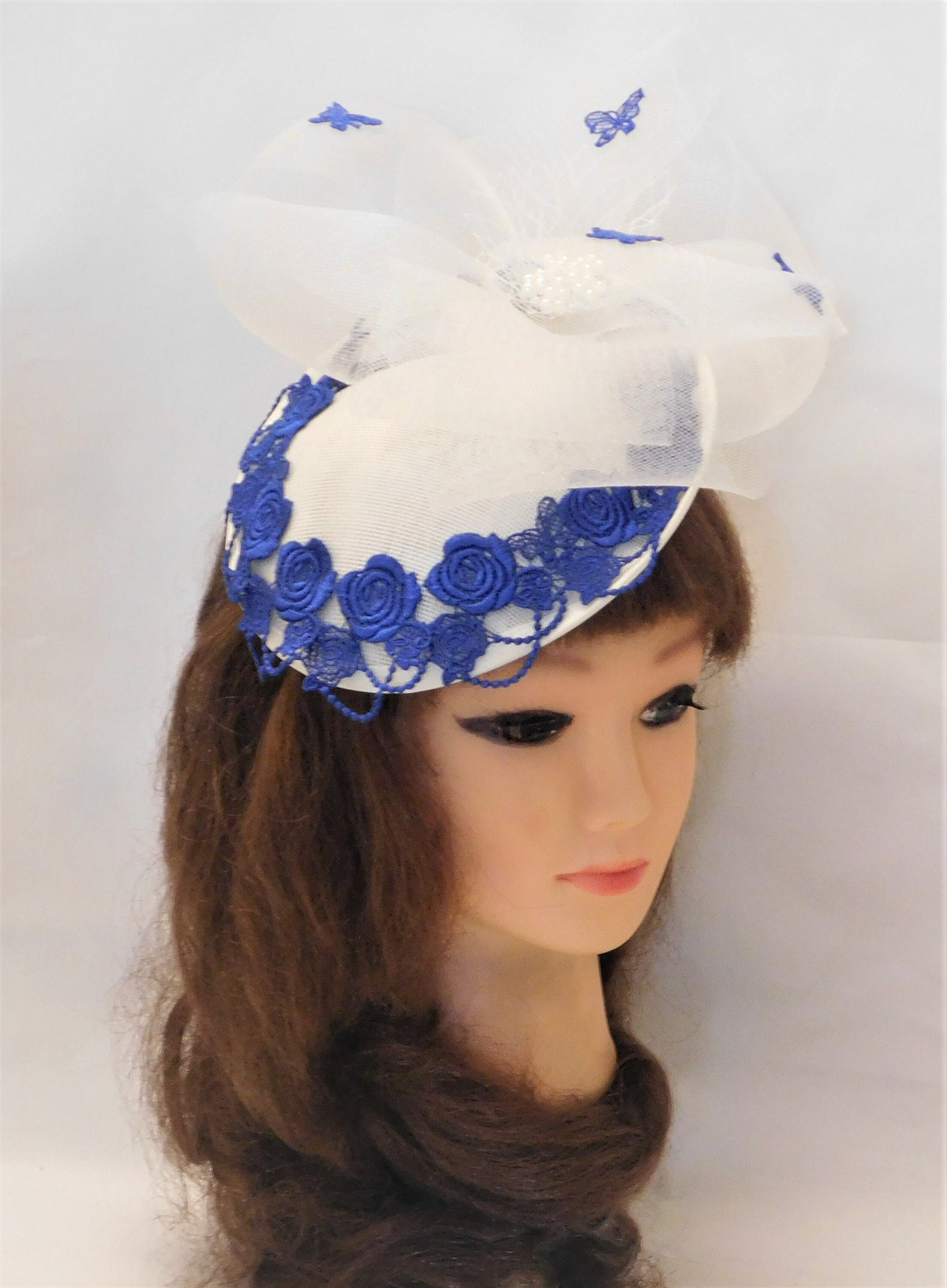 Ivory White Fascinator: Blue Floral Embroidery, Crinoline Bow, Pearl Jewel (Alice Band)