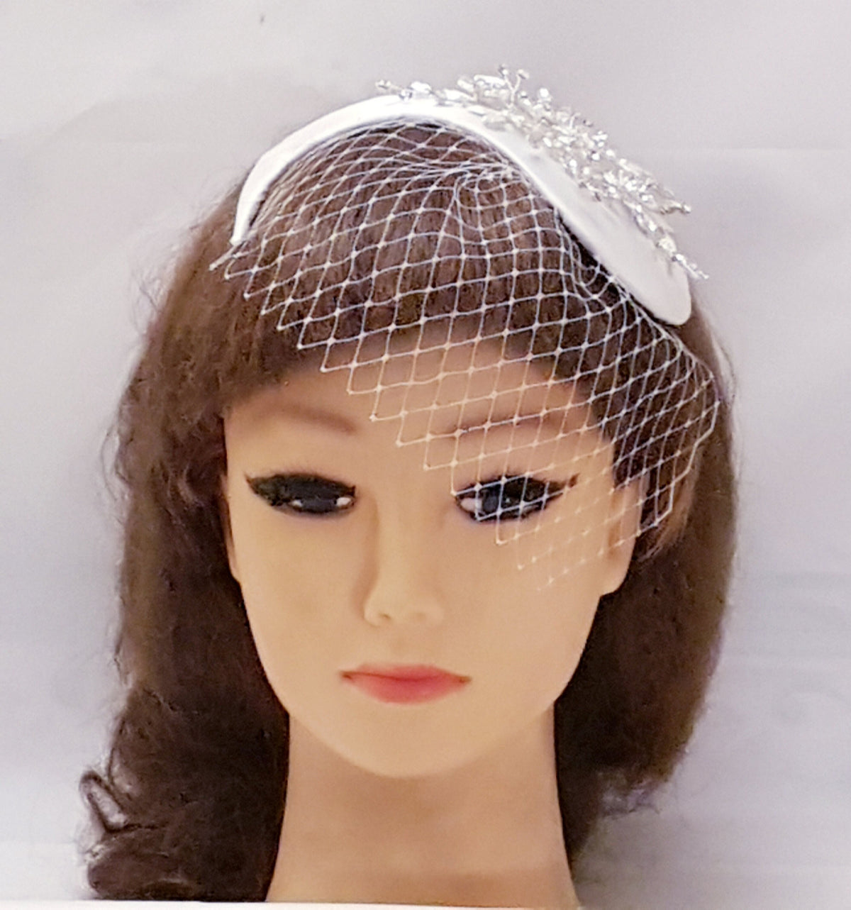 Bridal Fascinator with Birdcage Veil, Silver Crystal Headdress