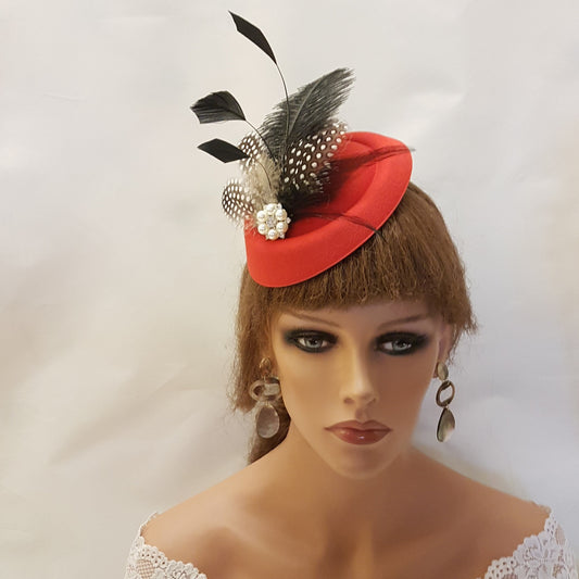 Red Feather Fascinator, Ascot Hat, Cocktail Party Headpiece