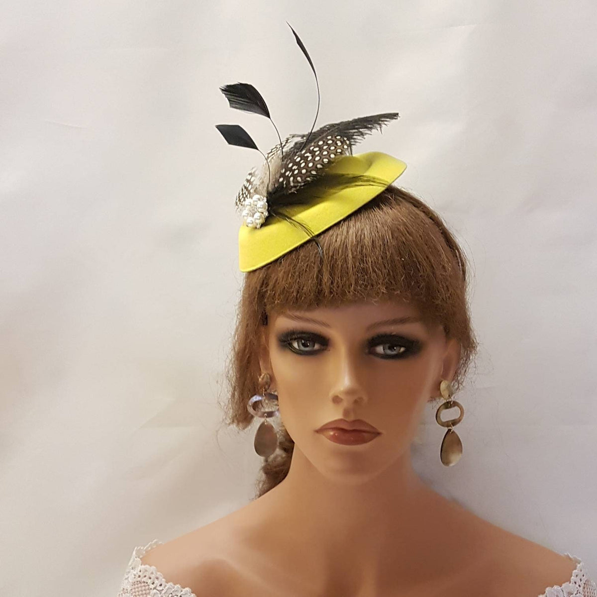 Yellow pillbox hat with Feather Fascinator for Ascot Race Day Headpiece . party headwear