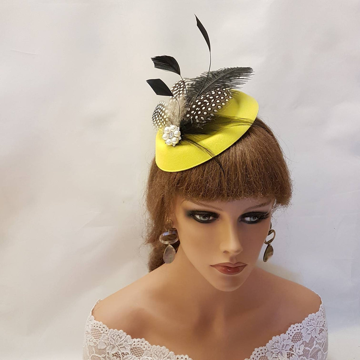 Yellow pillbox hat with Feather Fascinator for Ascot Race Day Headpiece . party headwear