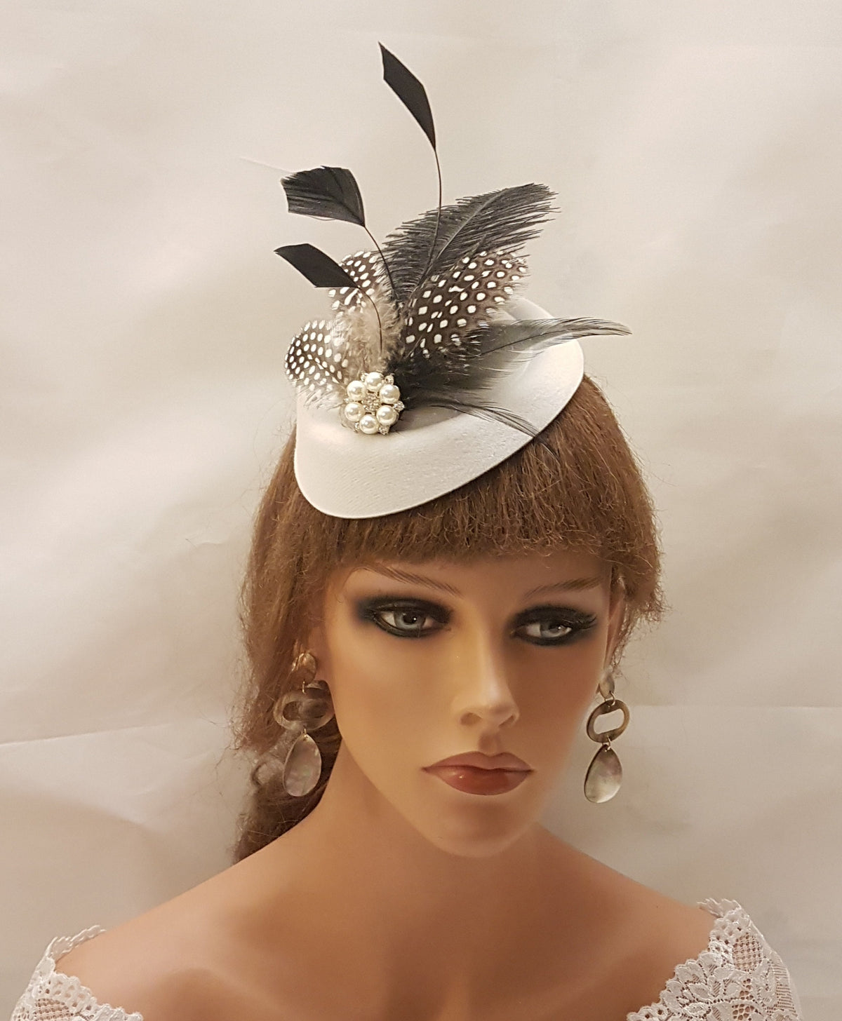 White Pillbox Hat Fascinator, Ostrich Feather Pearl Accent, Handmade