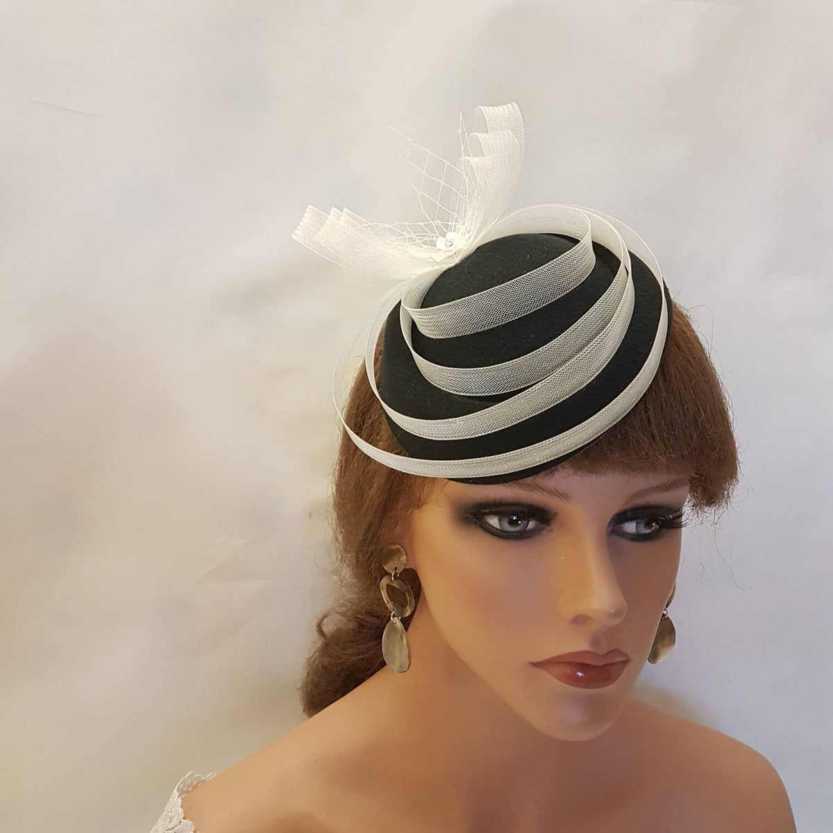 Black Felt Pillbox Fascinator: Ivory Crin Loops, French Netting