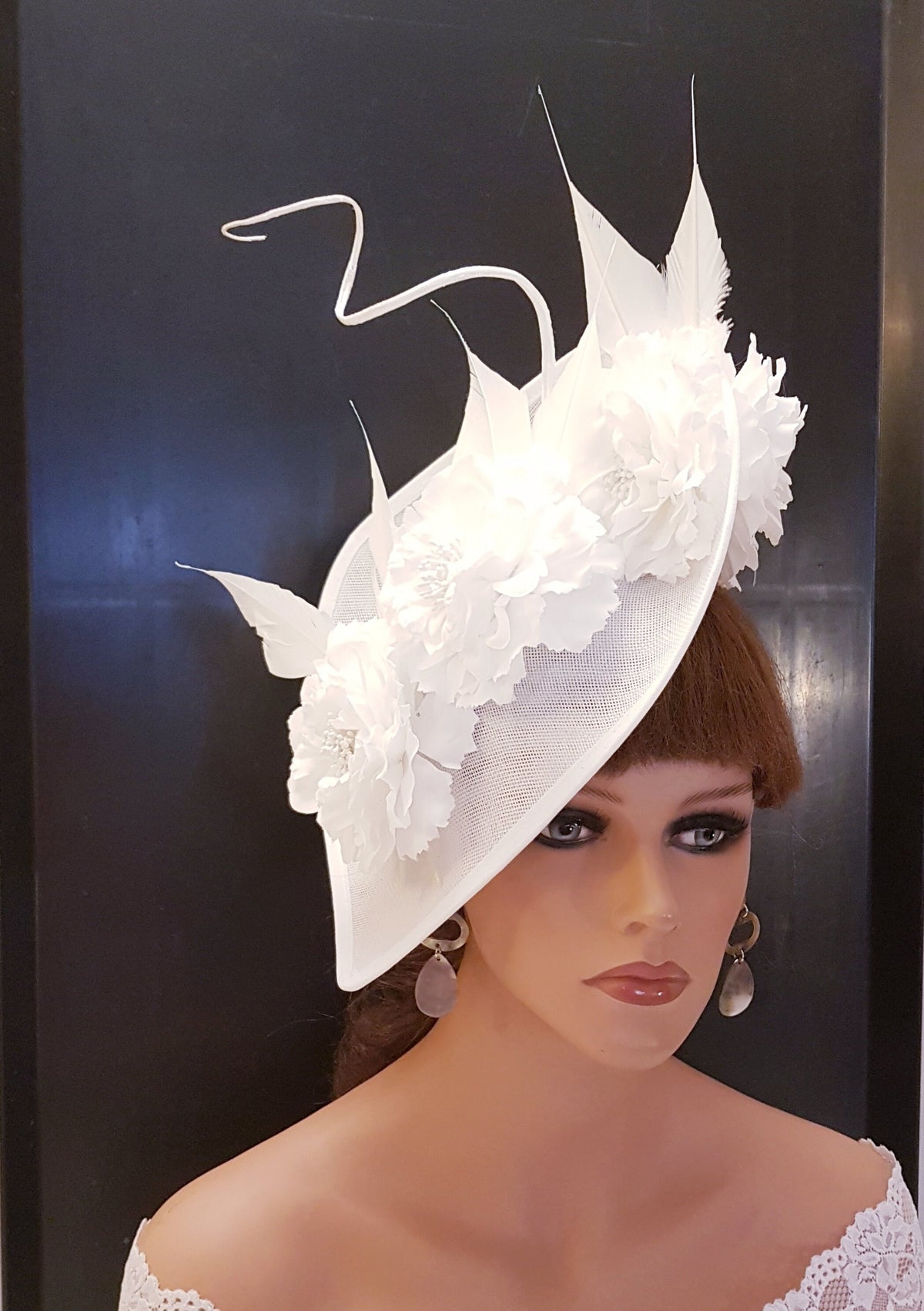 Large White Ascot, Kentucky Derby fascinator hat with silk flowers and Feathers