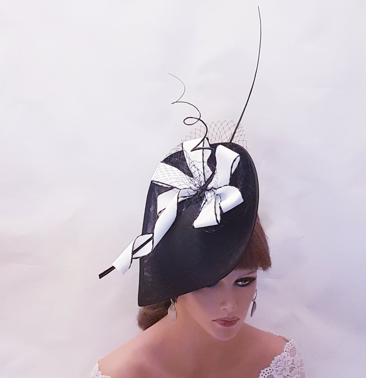Black & White Teardrop Fascinator Hat, Wedding Ascot Occasion