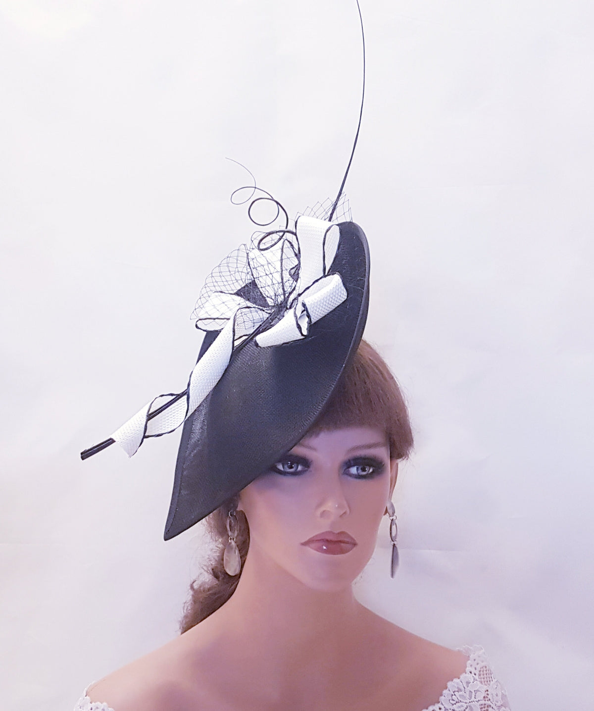 Black & White Teardrop Fascinator Hat, Wedding Ascot Occasion