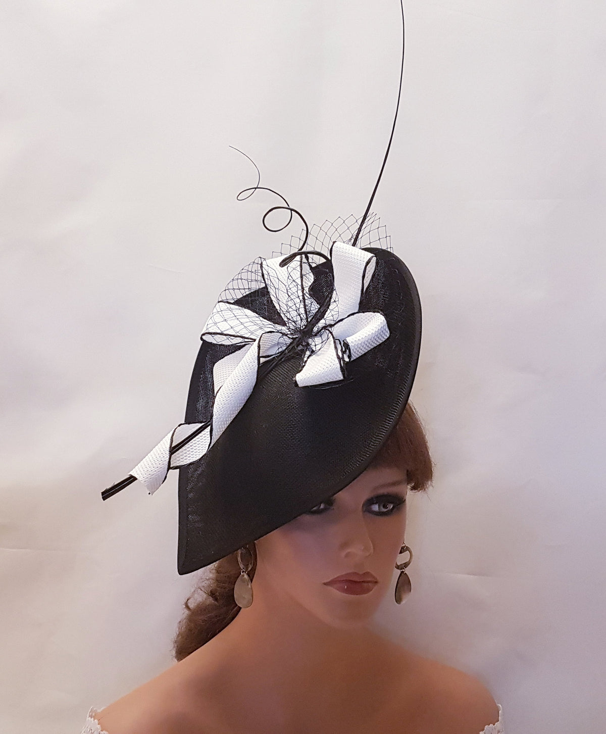 Black & White Teardrop Fascinator Hat, Wedding Ascot Occasion